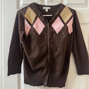 Cherokee Women's Cardigan with Pink and Tan Argyle